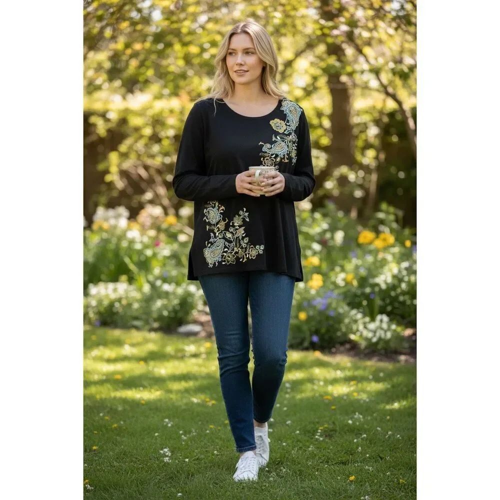 ✨J.Jill Embroidered Long Sleeve Crewneck Black Sz 2X Top✨